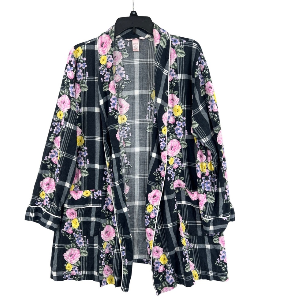 Victoria's Secret Floral Plaid Kimono Robe‎ Cardigan M/L Black Pink Lounge